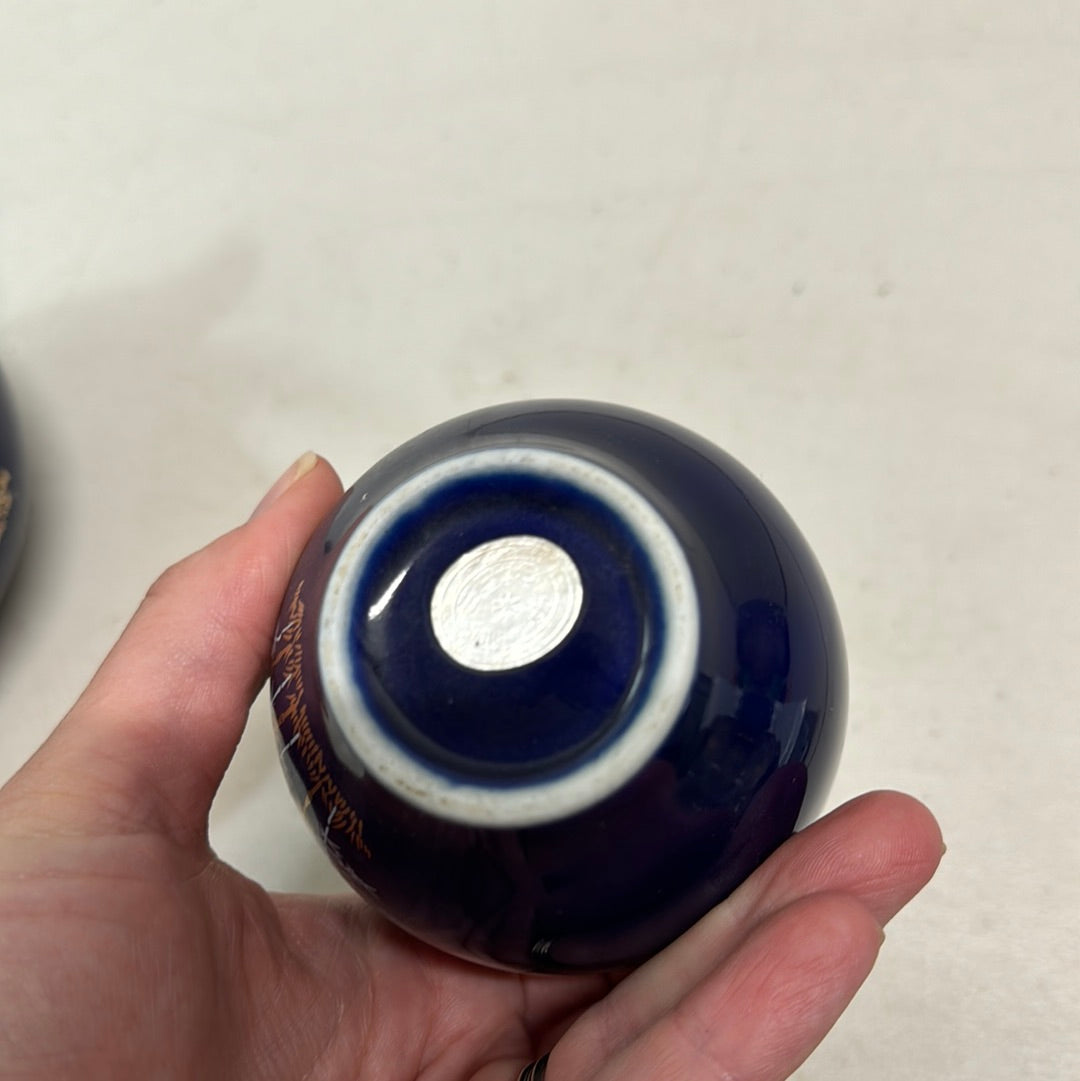 Vintage cobalt blue floral peacock porcelain teapot and tea cups