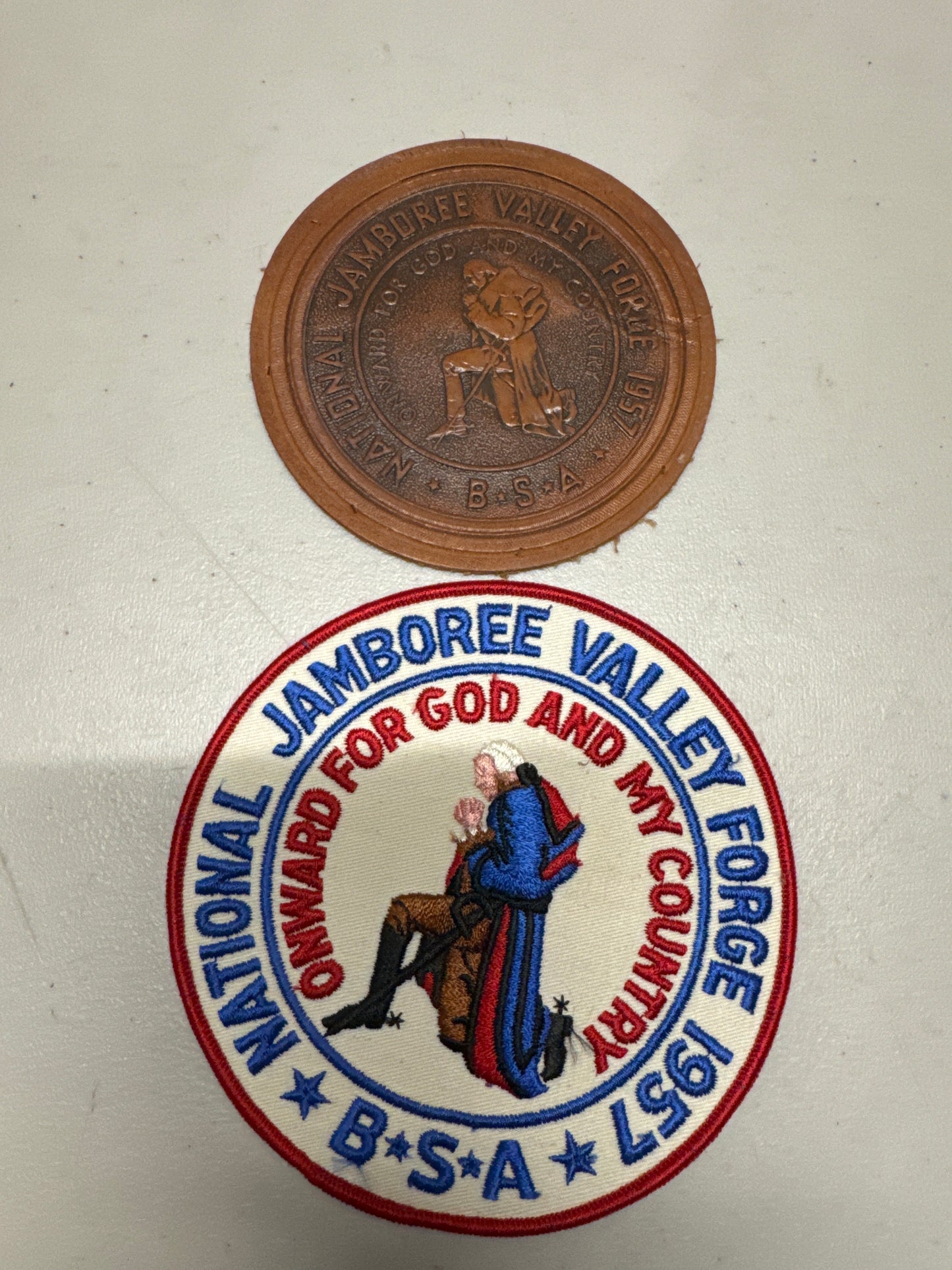 1957 National Jamboree Valley Forge Backpack/ Jacket Patch & Leather Patch