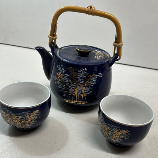 Vintage cobalt blue floral peacock porcelain teapot and tea cups