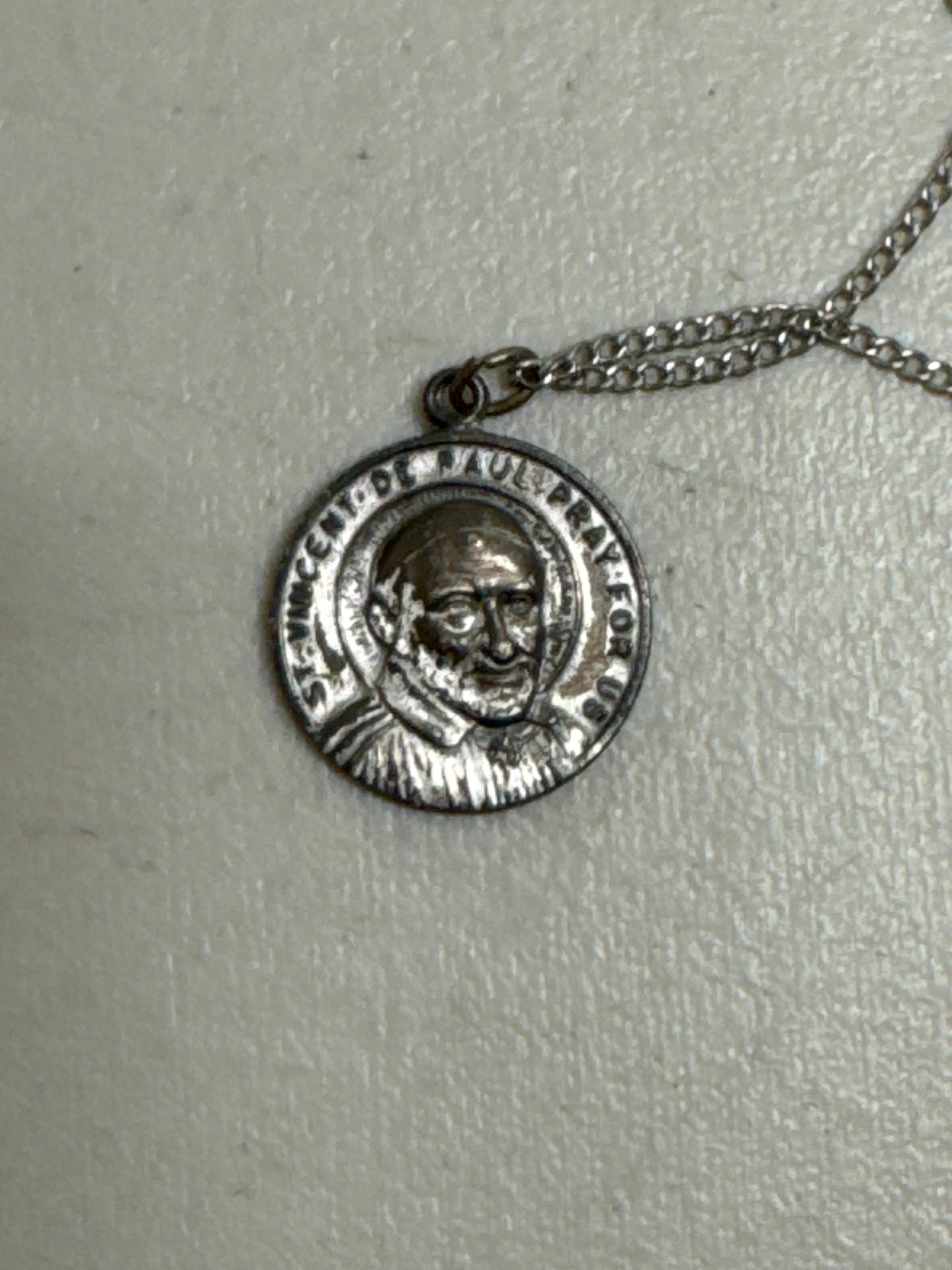 Vintage Silver Tone Catholic Pendant Medal Death Anniversary St. Vincent DePaul